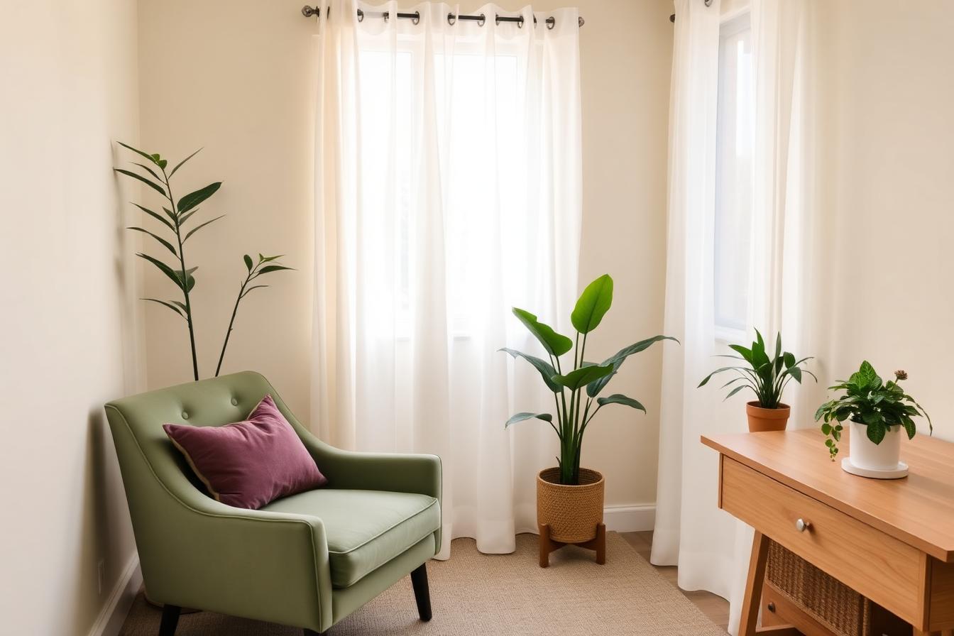 A calm, welcoming therapy office with sage green chair and plants